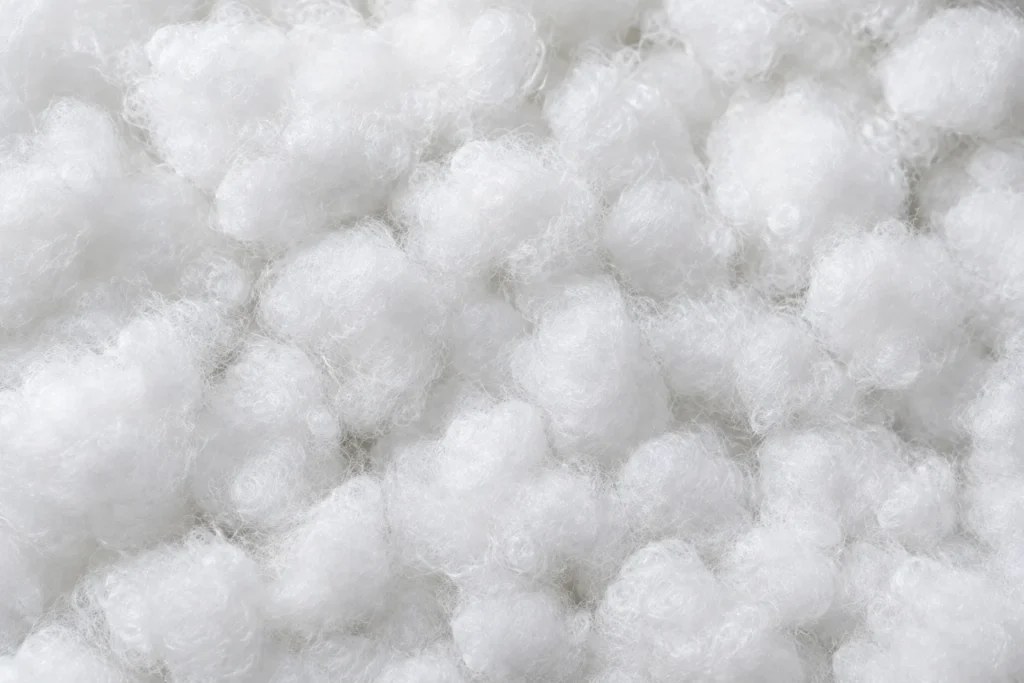 Polyester Fibre Fill (Down Alternative): close-up of white polyester fibre-fill clusters