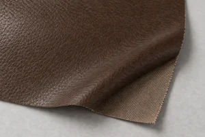 Dark-brown PU leather-look swatch with the fabric backing at a corner
