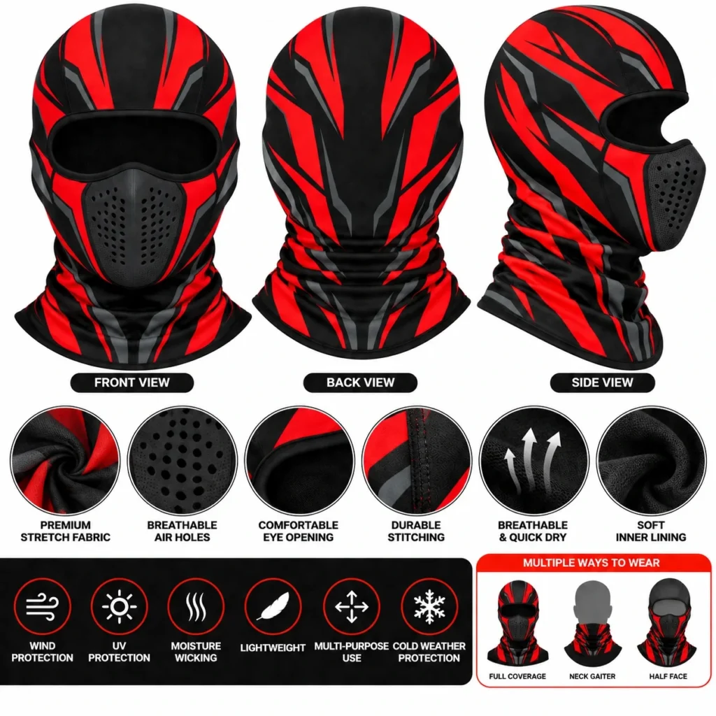 Motorrad-Sturmhaube in Rot und Schwarz – belüftete Mundpartie, Racing-Print: Merkmale und Ansichten