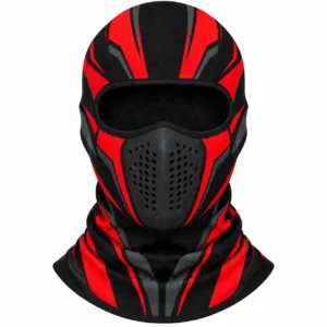 Red and Black Motorcycle Balaclava – Vented Mouth Panel, Racing Print