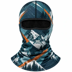 Teal and Orange Mountain-Print Ski Balaclava – Wind-Resistant, Quick-Dry