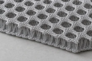 Schnittkante eines grauen 3D-Abstandsgewirkes mit zwei Flächen, die durch senkrechte Fäden verbunden sind