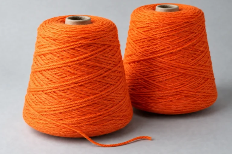 Two unlabelled cones of bright orange acrylic sock yarn