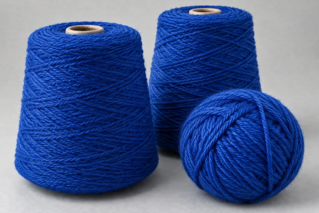 Acrylgarn: königsblaues Strickgarn aus 100 % Acryl auf schlichtem grauem Untergrund