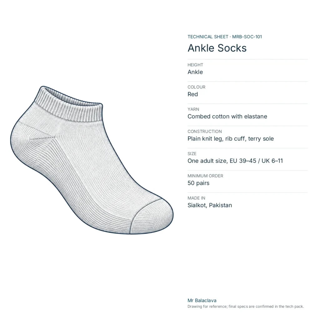 Technical drawing of the red Ankle Socks with height, yarn, size and minimum order