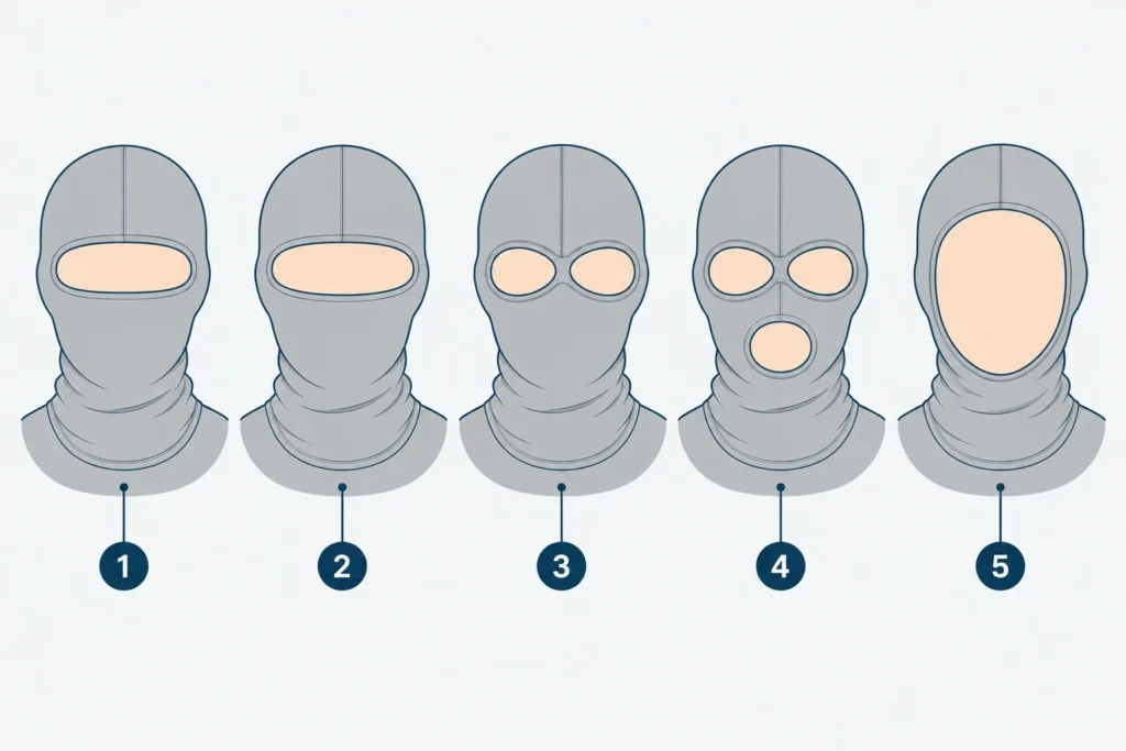 Diagramm von fünf Gesichtsöffnungen bei Sturmhauben: eine Öffnung, breite Öffnung, zwei Öffnungen, drei Öffnungen und offenes Gesicht
