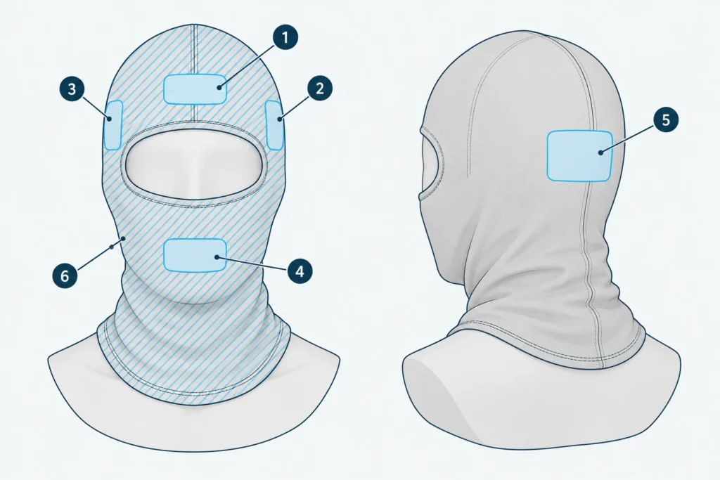 Diagram of logo placements on a balaclava: forehead, sides, chin and back of the head, plus the all-over print area
