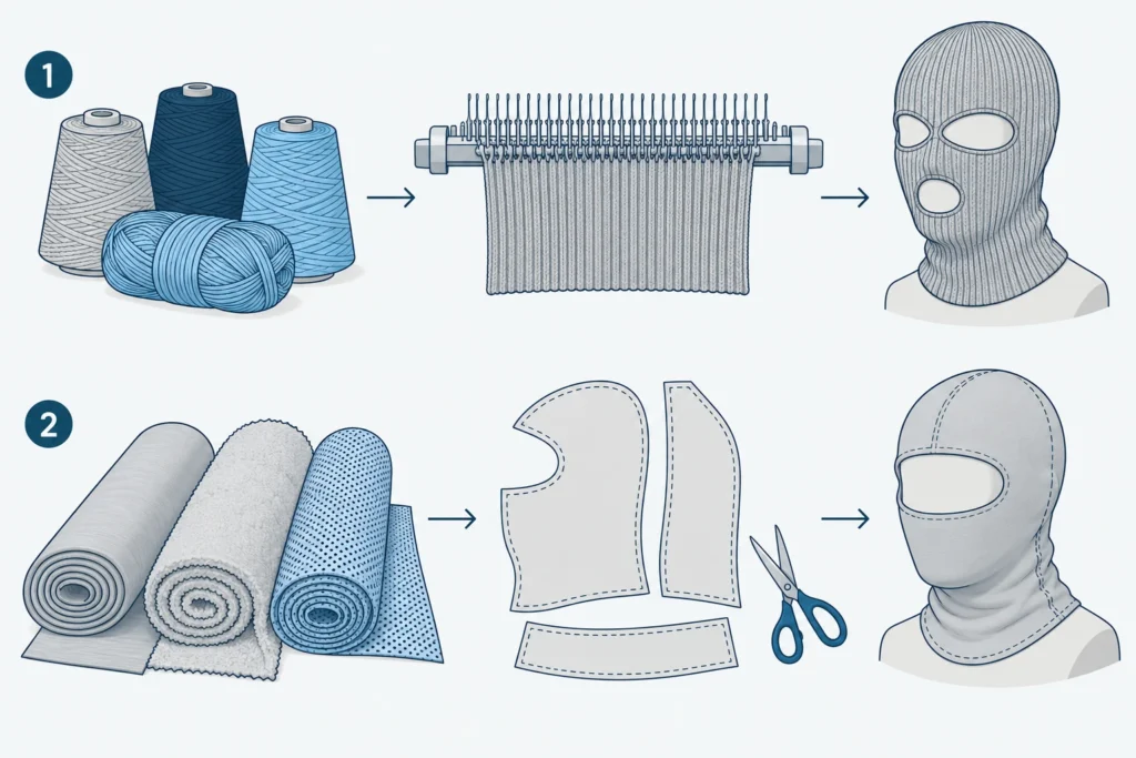 Diagram: yarns are knitted into a balaclava, fabrics are cut into panels and sewn