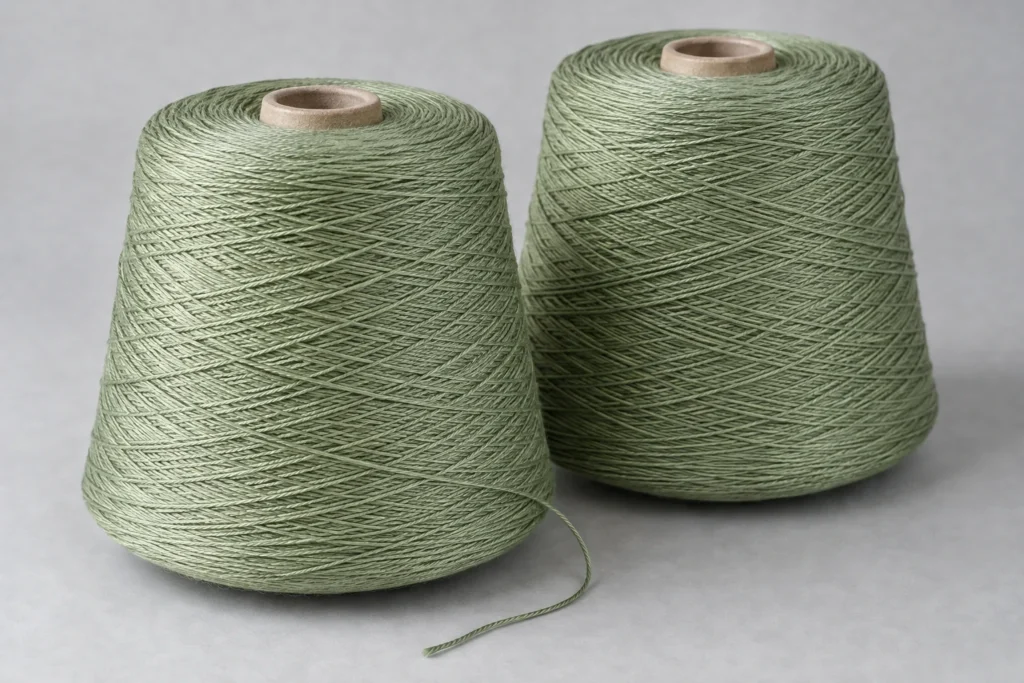 Zwei unbeschriftete Konen mit zart salbeigrünem Sockengarn aus Bambusviskose