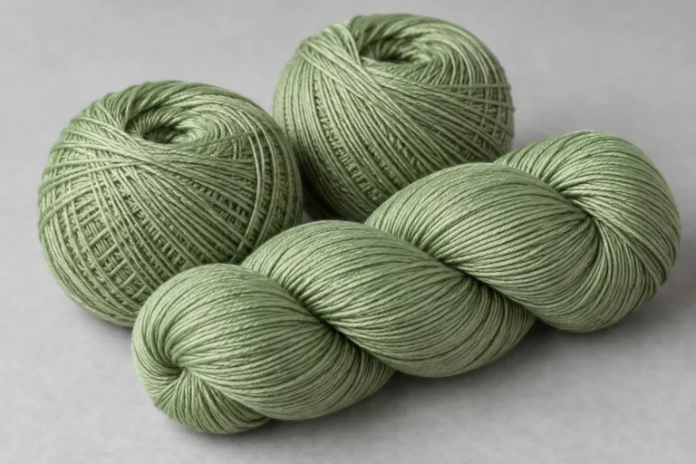 Bamboo Viscose Yarn: soft sage-green bamboo viscose knitting yarn on a plain grey surface