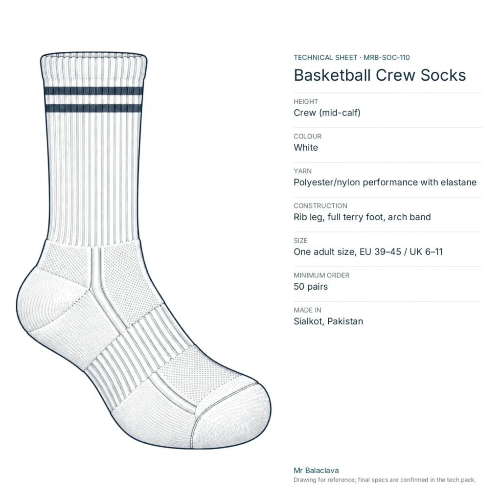 Technical drawing of the white Basketball Crew Socks with height, yarn, size and minimum order