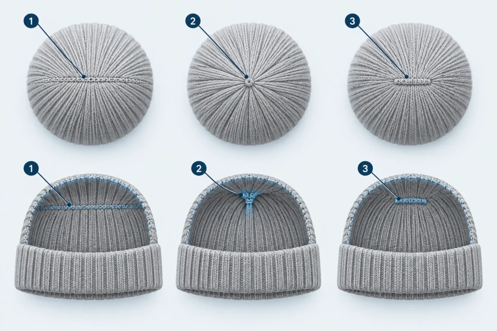 Three ways to close a beanie crown: linked stitch by stitch, gathered top and a small sewn seam