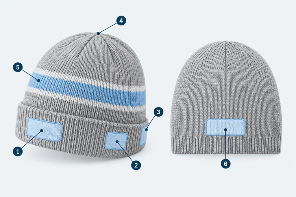 Posiciones de logo numeradas en un gorro con vuelta y uno sin vuelta