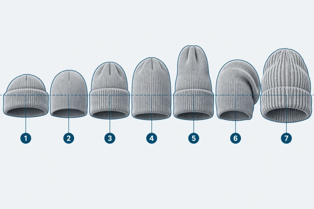 Side-by-side outlines of seven beanie shapes at the same scale: fisherman, skull cap, cuffed, uncuffed, high top, slouchy and oversized