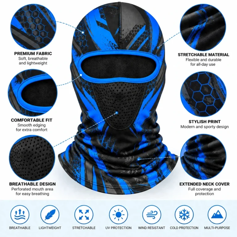Black and Blue Honeycomb-Print Motorcycle Balaclava – Perforated Mouth Area: features and views