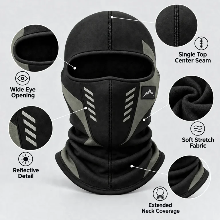 Black and Grey Stretch Fleece Balaclava – Reflective Details: features and views