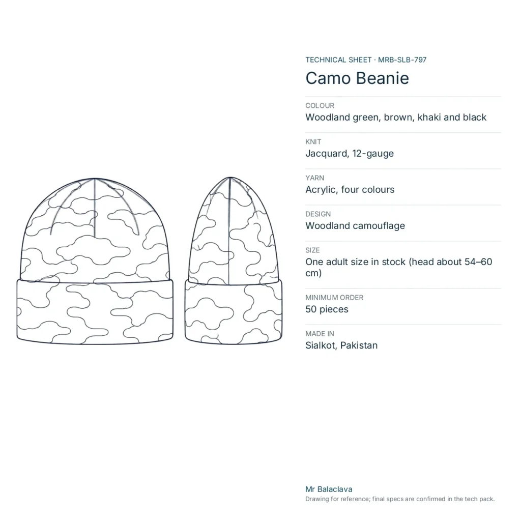 Technical drawing of the woodland green, brown, khaki and black Camo Beanie with yarn, knit, size and minimum order