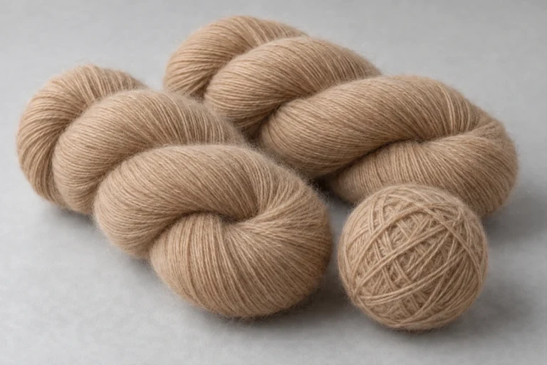 Cashmere Yarn: camel fine cashmere knitting yarn on a plain grey surface