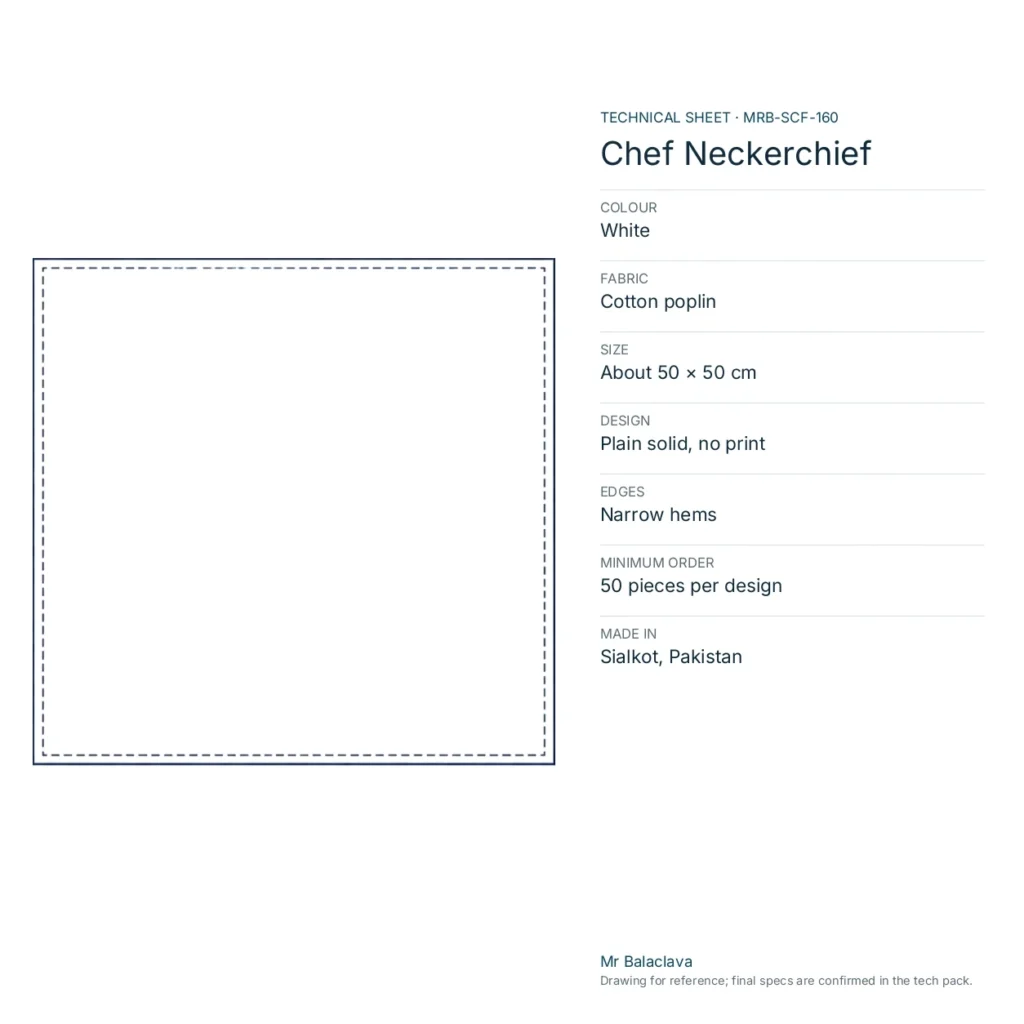 Technical drawing of the Chef Neckerchief (white) with fabric, size, design and minimum order