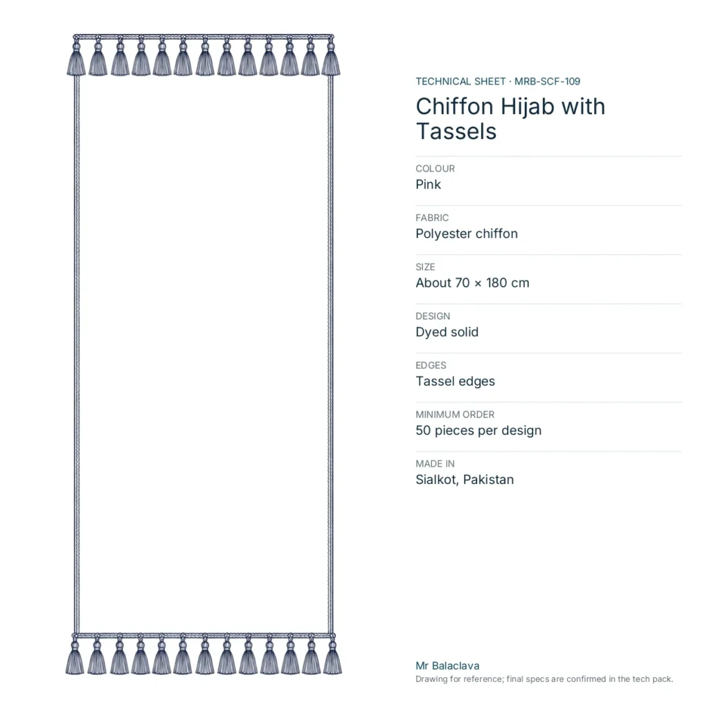 Technical drawing of the Chiffon Hijab with Tassels (pink) with fabric, size, design and minimum order