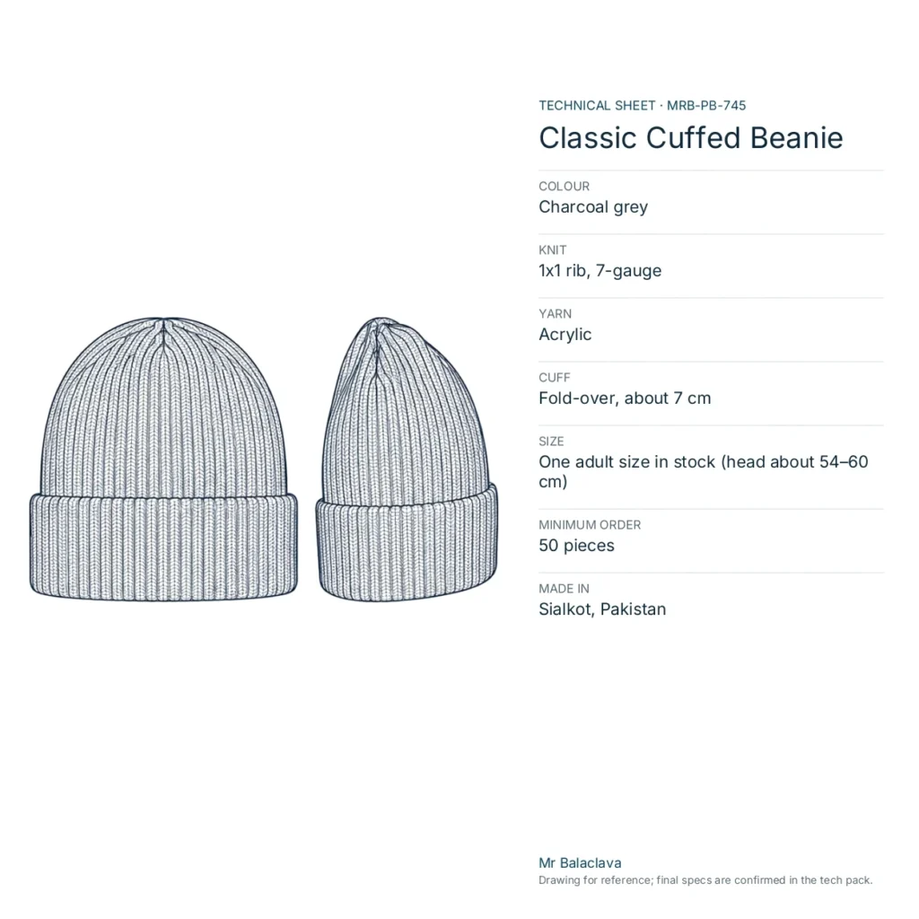 Technical drawing of the charcoal grey Classic Cuffed Beanie with yarn, knit, size and minimum order