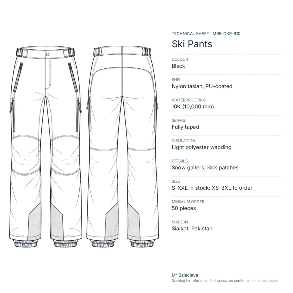 Technical drawing of the black Ski Pants with fabric, construction, size and minimum order