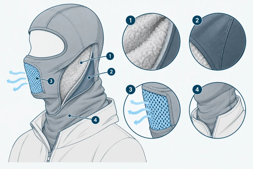 Cut-through diagram of a cold-weather balaclava: soft inner layer, wind-resistant outer layer, mesh at the mouth and long neck