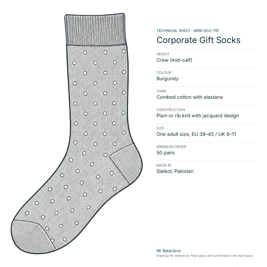 Technical drawing of the burgundy Corporate Gift Socks with height, yarn, size and minimum order