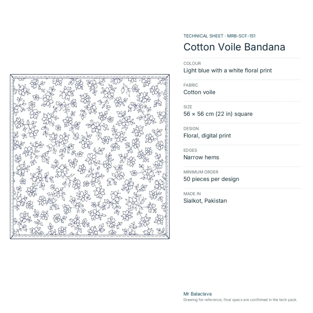 Technical drawing of the Cotton Voile Bandana (light blue with a white floral print) with fabric, size, design and minimum order