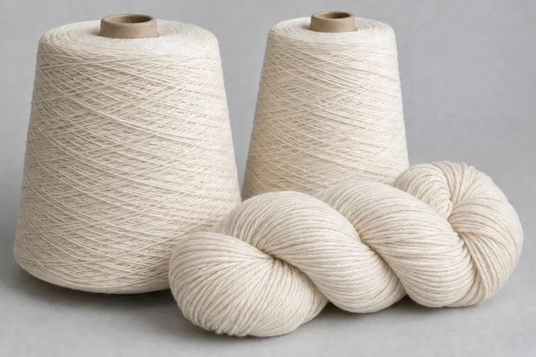 Cotton Yarn: off-white combed cotton knitting yarn on a plain grey surface
