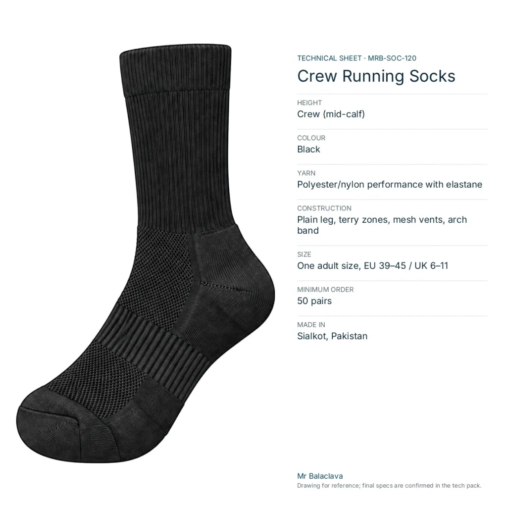 Technical drawing of the black Crew Running Socks with height, yarn, size and minimum order