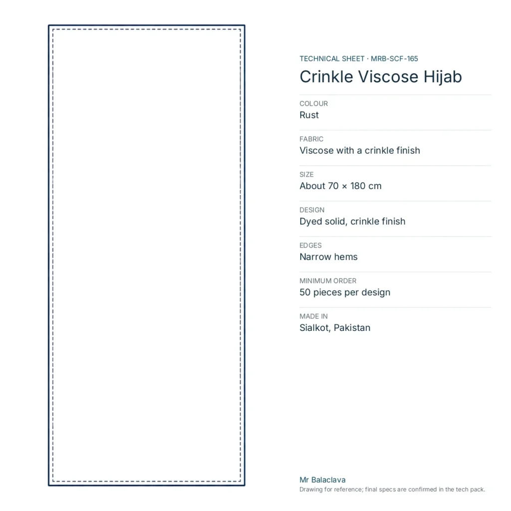 Technical drawing of the Crinkle Viscose Hijab (rust) with fabric, size, design and minimum order
