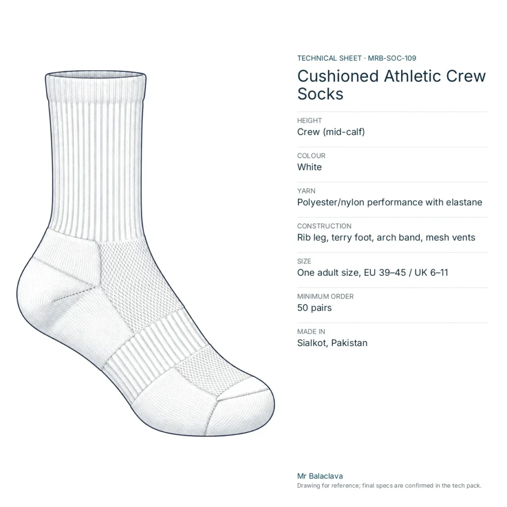 Technical drawing of the white Cushioned Athletic Crew Socks with height, yarn, size and minimum order