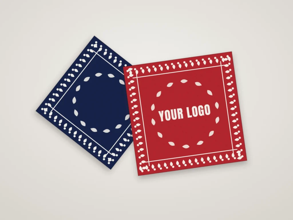 Red printed bandana with a white border pattern and placeholder Your Logo text beside a navy bandana