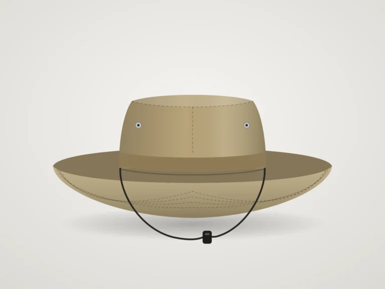 Khakifarbener Boonie Hat aus Baumwolle mit breiter gesteppter Krempe, Metallösen und Kinnband mit Stopper