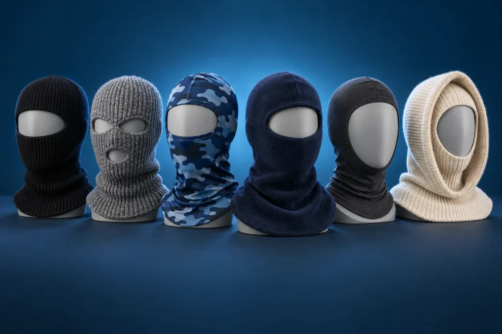Six different types of balaclavas on mannequin heads: knitted one-hole and three-hole, printed, fleece, open face and hooded