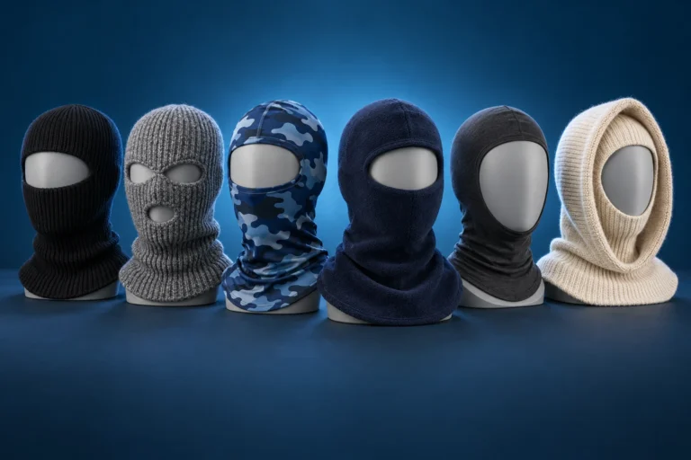 Six different types of balaclavas on mannequin heads: knitted one-hole and three-hole, printed, fleece, open face and hooded