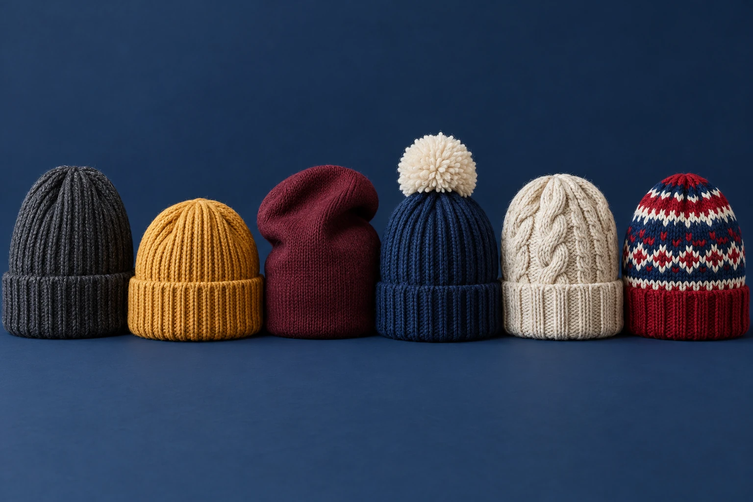Different types of beanies side by side: cuffed, fisherman, slouchy, pom-pom, cable knit and Fair Isle