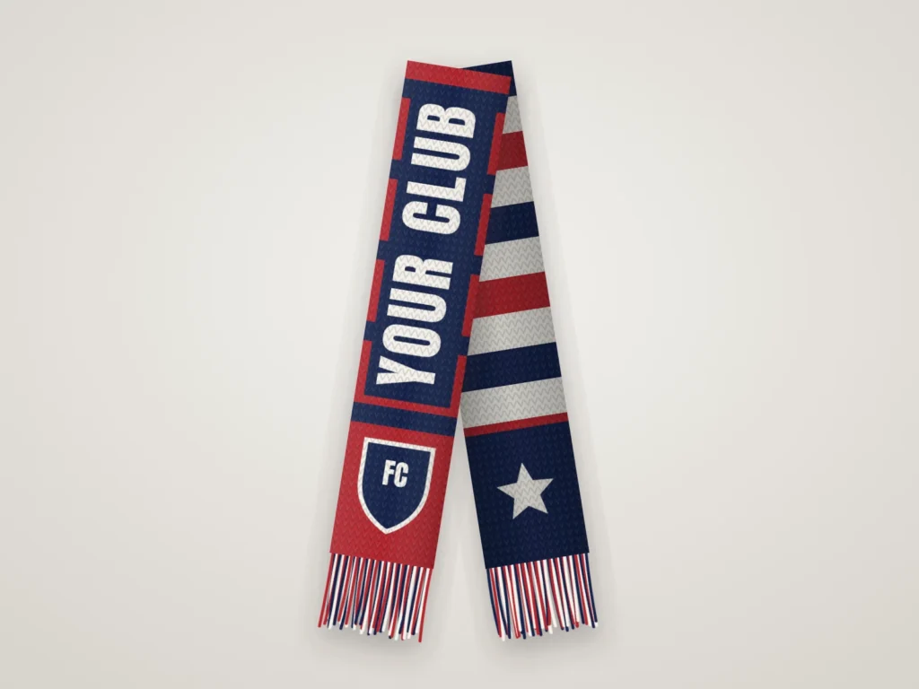 Écharpe de football en jacquard tricoté double épaisseur, bleu marine, rouge et blanc, avec le lettrage fictif Your Club, un écusson et des franges