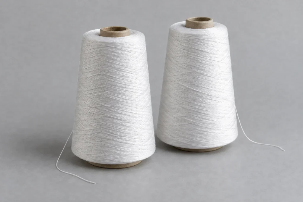 Elastic Covering Yarn (Nylon/Spandex): two unlabelled cones of white elastic covering yarn