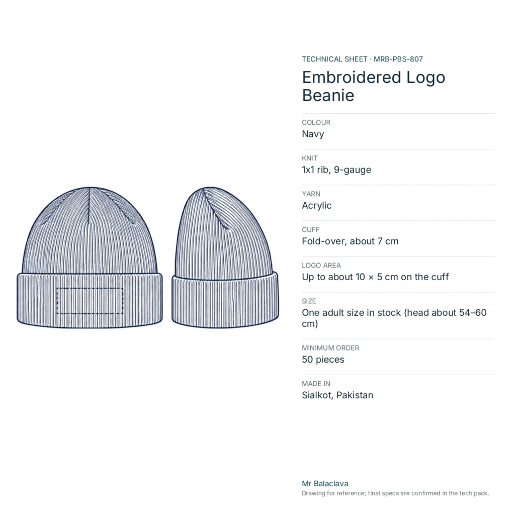 Technical drawing of the navy Embroidered Logo Beanie with yarn, knit, size and minimum order