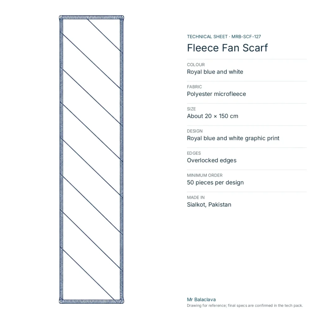 Technical drawing of the Fleece Fan Scarf (royal blue and white) with fabric, size, design and minimum order