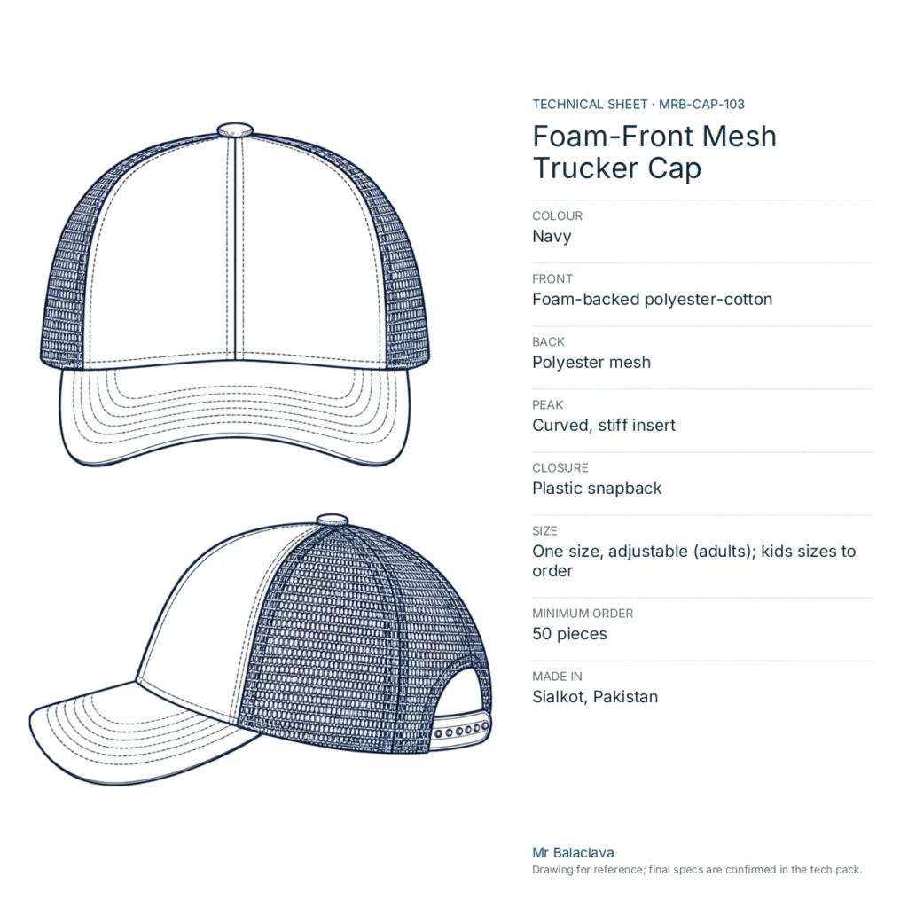 Technical drawing of the navy Foam-Front Mesh Trucker Cap with fabric, construction, size and minimum order