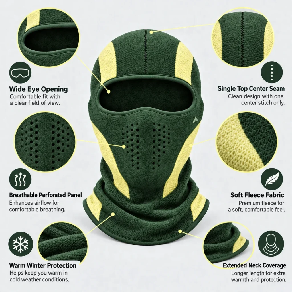 Cagoule en polaire verte et jaune – panneau perforé à la bouche : caractéristiques et vues