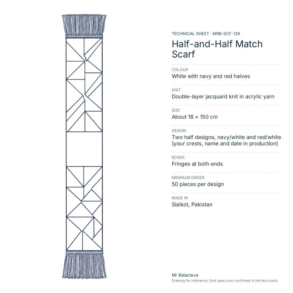 Technical drawing of the Half-and-Half Match Scarf (white with navy and red halves) with fabric, size, design and minimum order
