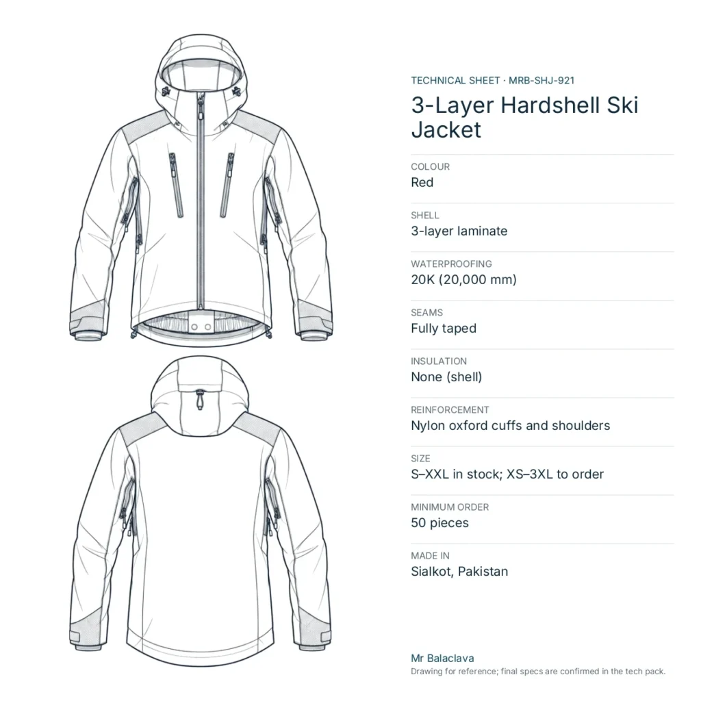 Technical drawing of the red 3-Layer Hardshell Ski Jacket with fabric, construction, size and minimum order