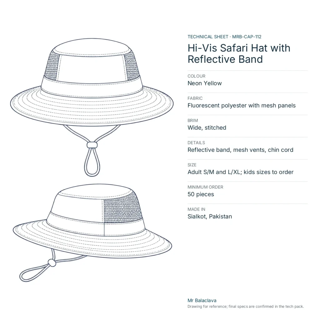 Technical drawing of the neon yellow Hi-Vis Safari Hat with Reflective Band with fabric, construction, size and minimum order