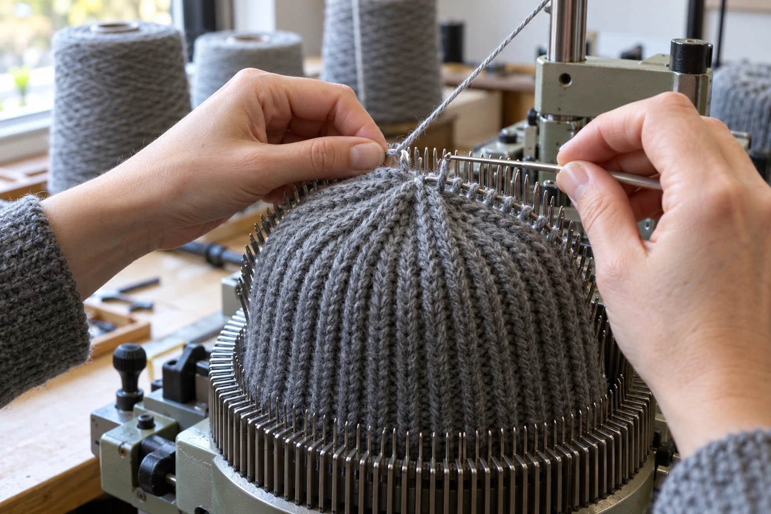 Close-up of a rib-knit beanie being finished in a knitting workshop