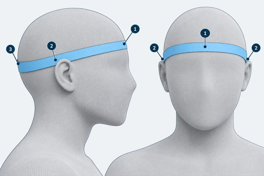Mètre ruban autour de la partie la plus large de la tête, juste au-dessus des sourcils et des oreilles, pour trouver la taille de bonnet