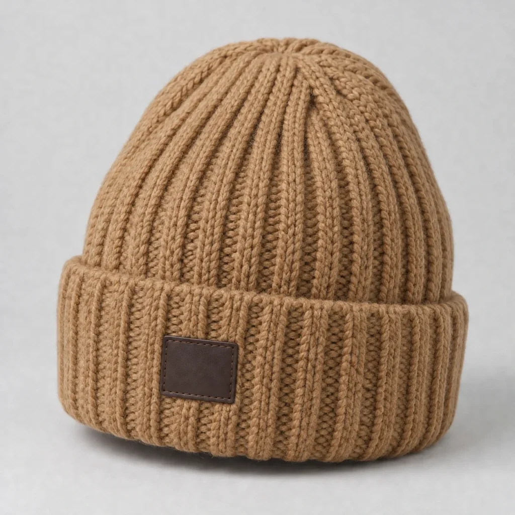 Gorro camel con parche de piel marrón, vista frontal en tres cuartos